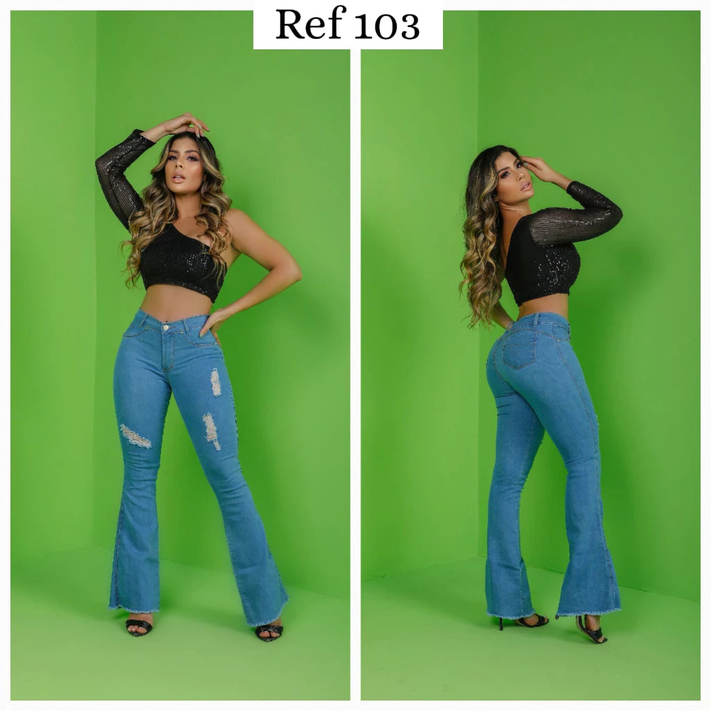 Calça jeans flare feminina cintura alta boca sino com lycra elastano efeito empina bumbum  Premium Luxo