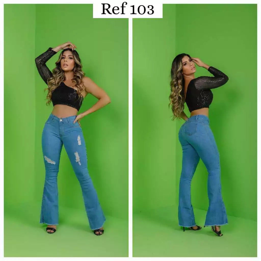 Calça jeans flare feminina cintura alta boca sino com lycra elastano efeito empina bumbum  Premium Luxo